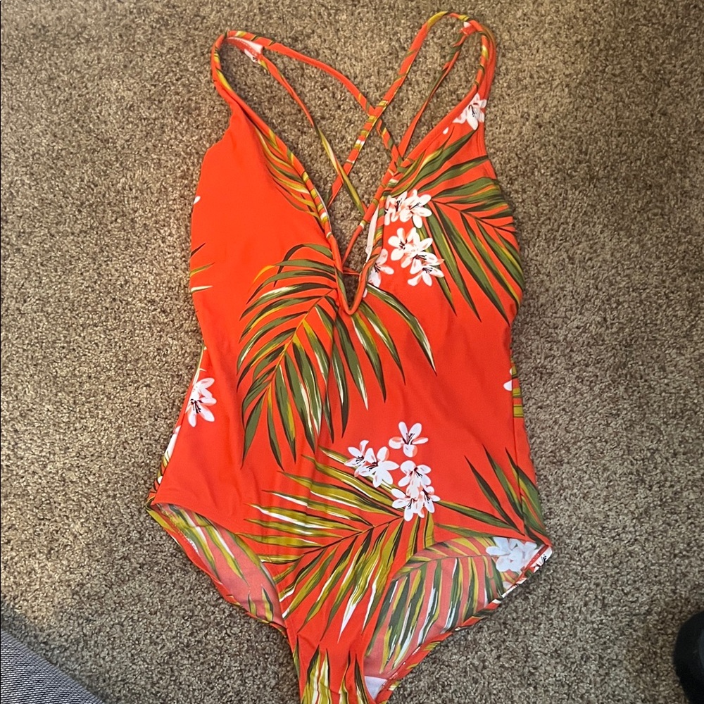 Kona Sol Orange and Green Floral Swimsuit